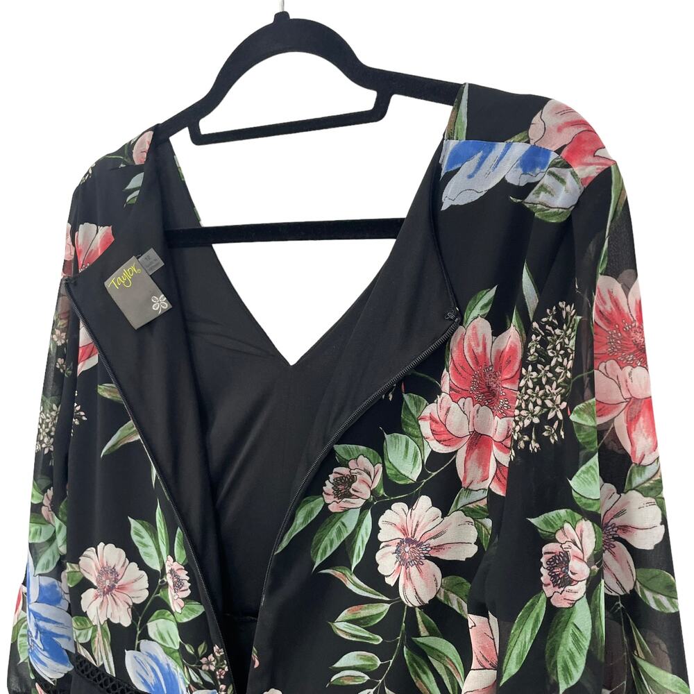 Black Floral V-Neck Chiffon Midi Dress with Ruffled High-Low Hem - Picture 6 of 10